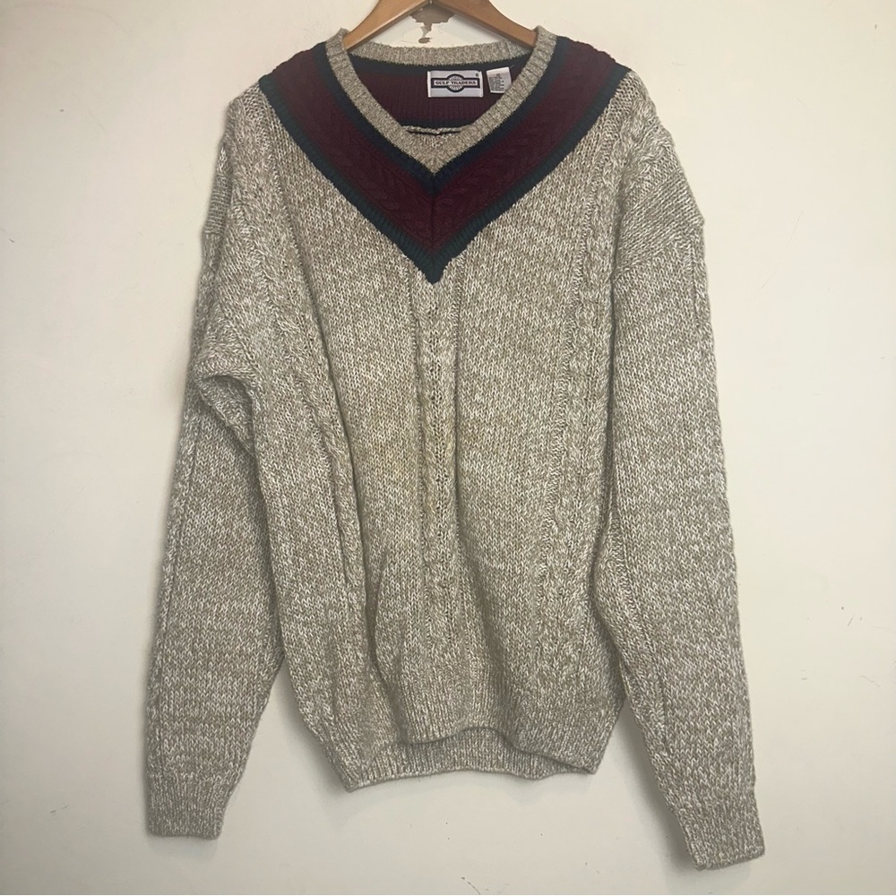 VTG Gulf Traders Cable Knit Sweater Men’s XL Khaki V Neck Tennis Preppy Cricket
